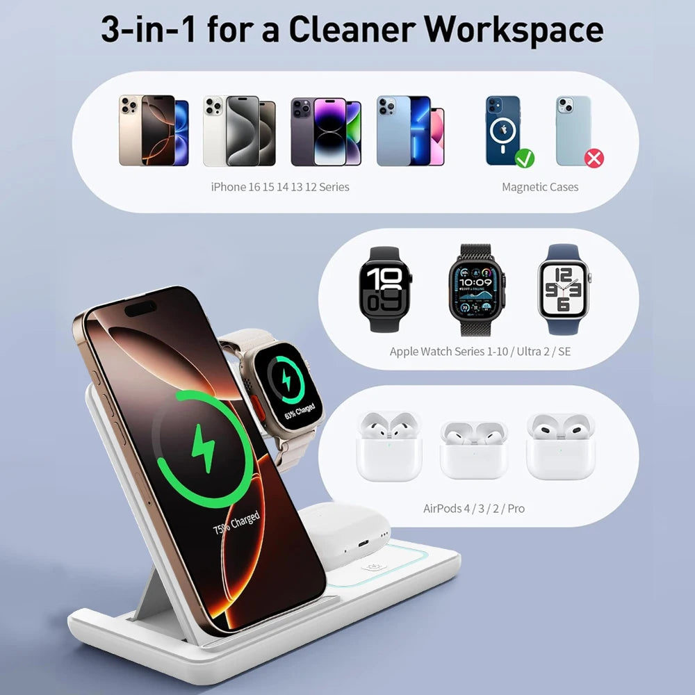(For iPhone) Foldable 3 In 1 Night LED Light Wireless Charger Stand For iPhone
