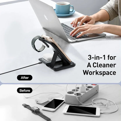 (For iPhone) Foldable 3 In 1 Night LED Light Wireless Charger Stand For iPhone