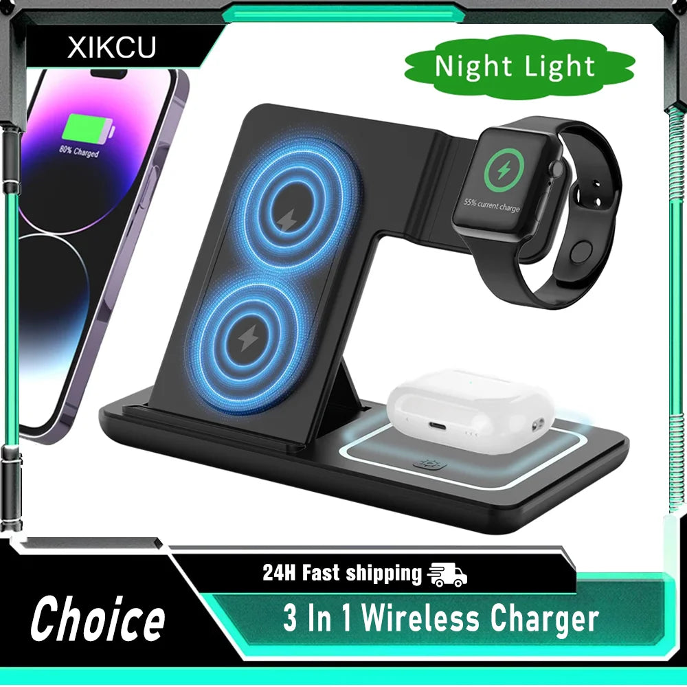 (For iPhone) Foldable 3 In 1 Night LED Light Wireless Charger Stand For iPhone